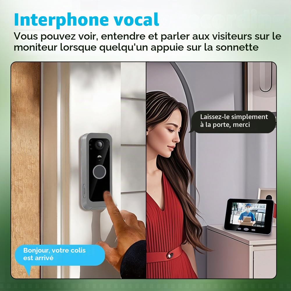 300VK Interphone vidéo sans fil avec écran de 4,3 pouces, judas 1080p avec carte mémoire 32 Go, détection de mouvement, audio bidirectionnel, étanche