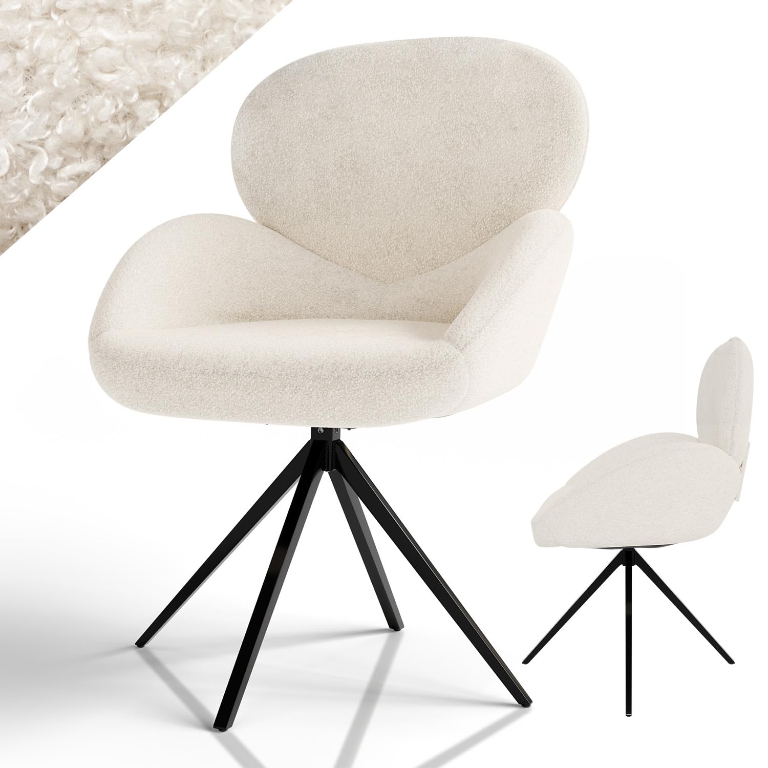 Juskys® Drehstuhl Albano - Bouclé - 360° drehbar & gepolstert, pflegeleichter Bezug, verstellbare Metallfüße, modern, für Esszimmer & Küche - Creme