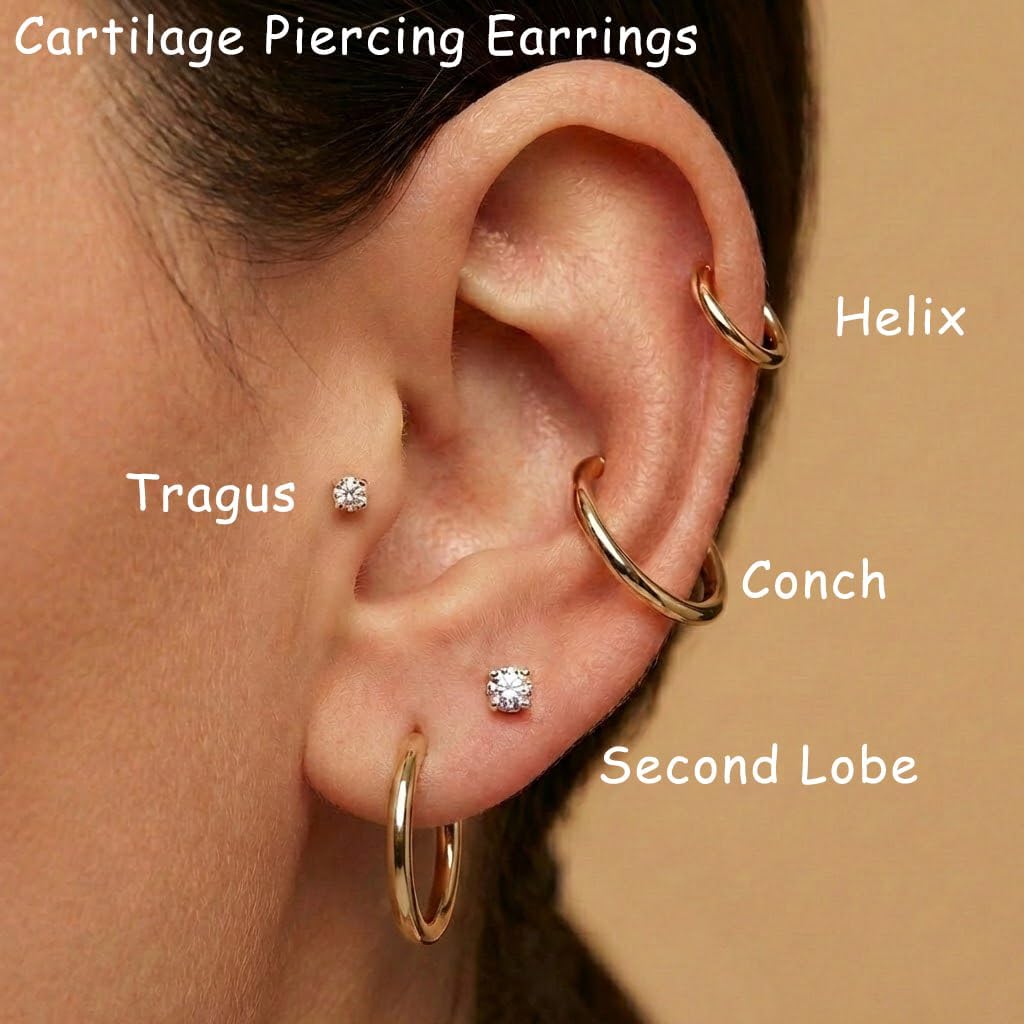 316L Surgical Steel Earrings for Women Men Hypoallergenic Cartilage Helix Conch Earrings for Sensitive Ears Small Gold Silver Hoop Flat Back Stud Earring Stack Set for Multiple Piercing Jewelry - Image 3