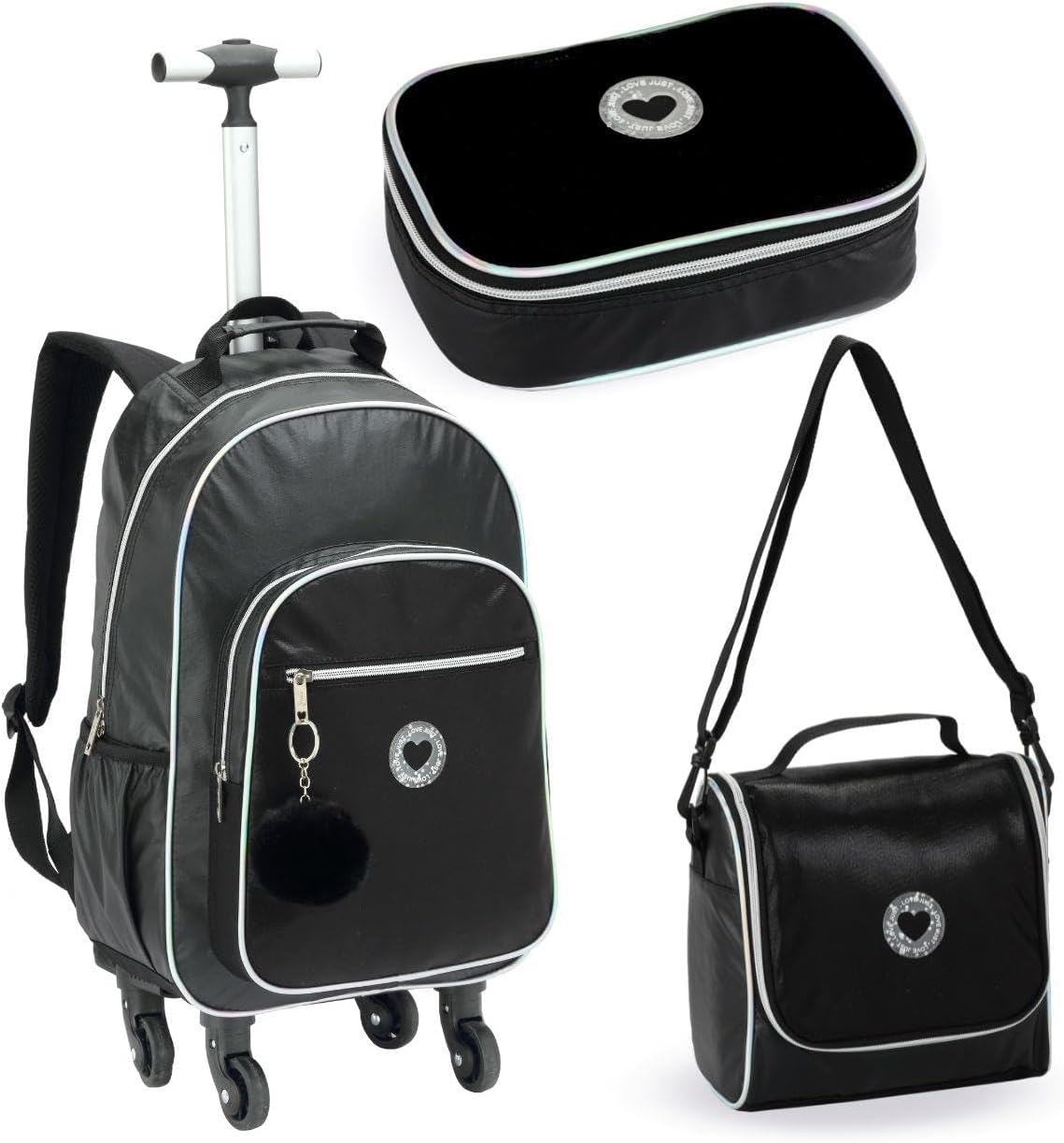 Kit Escolar Feminino de Moda Teen, Mochila com Rodinhas + Lancheira Térmica com Alça Transversal + Estojo Porta Lápis