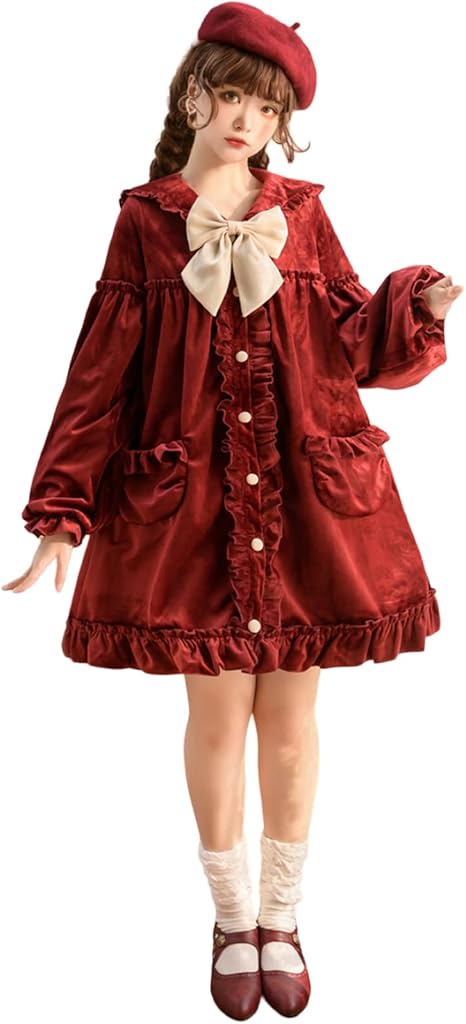 Amazon Co Jp D Alice ベロアコート ロリータ 甘ロリ 定番 ワンピース 2way フリル 長袖 レッド ファッション