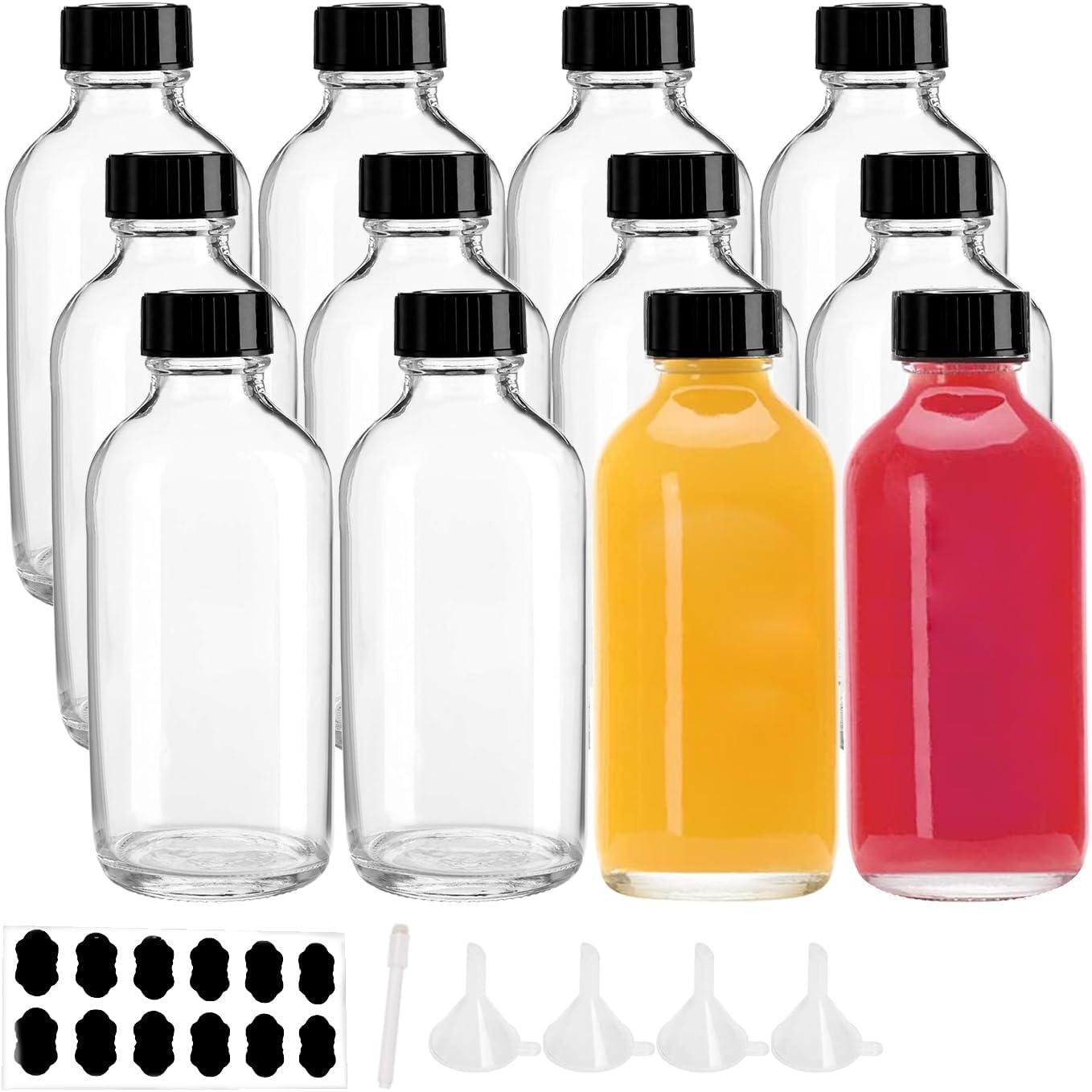 12 Pack Clear 4 oz Glass Bottle with Caps, Funnel, Chalk Labels, Pen, Vanilla Extract Bottle, Boston Bottles for Potion, Juice, Ginger Shots, Turmeric Shot, Whiskey, Herbal Medicine, Maple Syrup