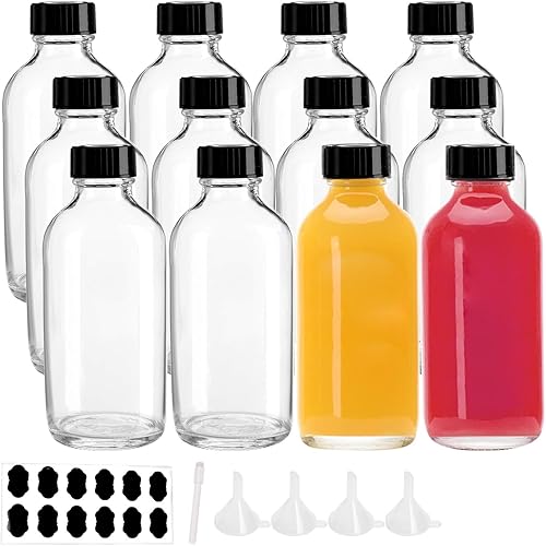 Paquete de 12 botellas de vidrio transparente de 4 onzas con tapas, embudo, etiquetas de tiza, bolígrafo, botella de extracto de vainilla, botellas