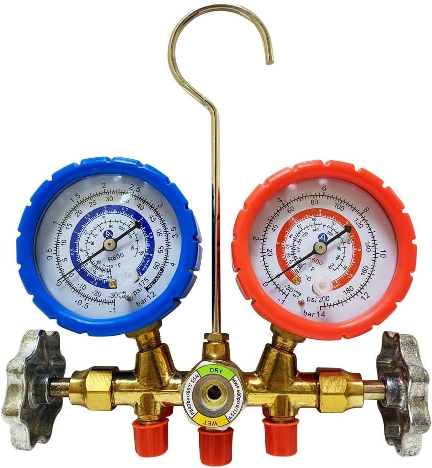 Appli Parts APMG-A4B36S R600 Manifold Gauge Set, Brass Body with Sight-glass, Includes 36 in Hose Set 1/4in SAE, Dual Pressure psi/Bar, Dual Temperature Fahrenheit/Celsius Scales