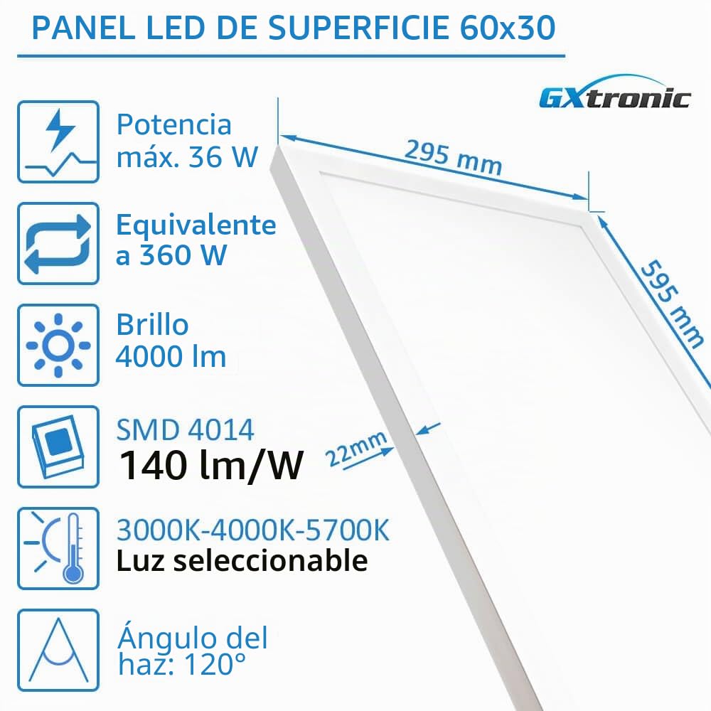 FactorLED GXtronic Pack Panel LED 60x30 Superficie 36W (360W), 4000Lm, Plafón Cuadrado Techo, Potencia Regulable, 3CCT Luz Seleccionable, 595x295x22mm (2)