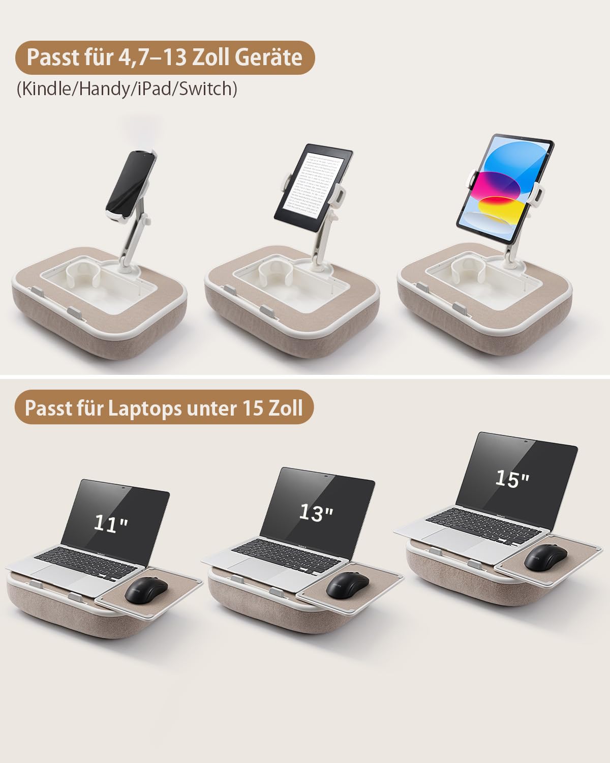 Kindle Tablet Halterung Kissen,360° Verstellbarer iPad Halter mit Snackschale,Laptop Tablet Ständer für Bett Laptopkissen Kompatibel mit 4,7-13" für iPad,iPhone,Kindle Zubehör(Khaki)