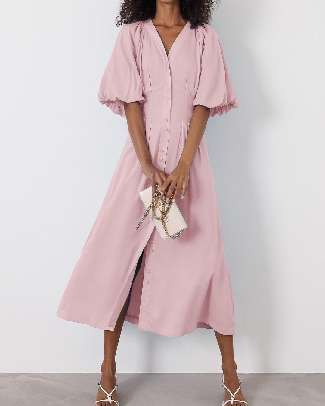 chouyatou Women Summer Puff Sleeve Button Down Shirt Dress Flowy Elegant Business Casual Midi Long Dress - Image 8