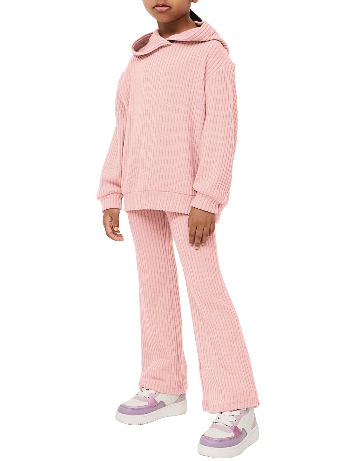 Haloumoning Conjunto de 2 piezas para niñas de punto acanalado con capucha, pantalones acampanados, sudaderas y pantalones deportivos para niños de 4 a 14 años