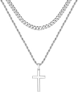 925 Sterling Silver Layered Cross Necklace for Men Women 18K Gold Plated Cross Pendant Necklace Durable Stainless Steel Layered Curb and Rope Chain Cross Pendant Necklace for Boys Girls, 18-24 Inches