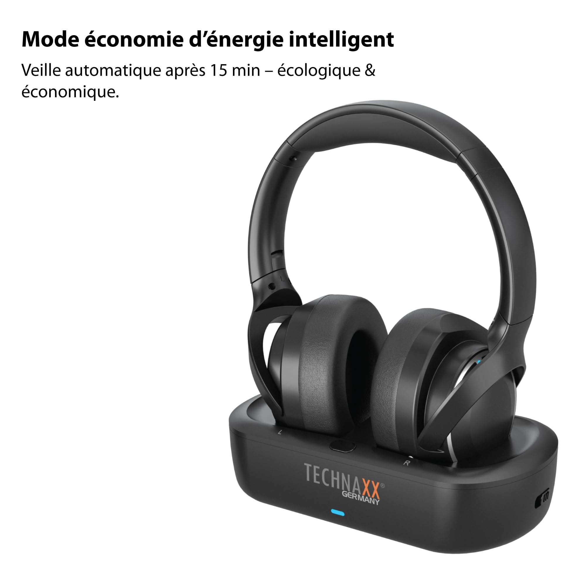 Technaxx Casque TV sans Fil avec Station de Charge – Casque Bluetooth 5.4 Over-Ear avec Microphone, 30h autonomie, USB-C, entrée Optique & AUX – Idéal pour téléviseur, Seniors & Musique - TX-350