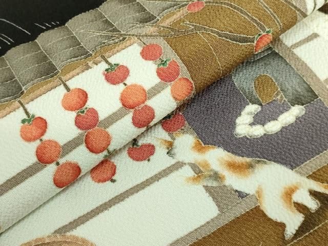 平和屋本店極上 名門染元 秀美 十曰町友禅 九寸名古屋帯 猫 柿 黒地 鬼しぼ縮緬 反端付き 逸 DZAB2016kh6