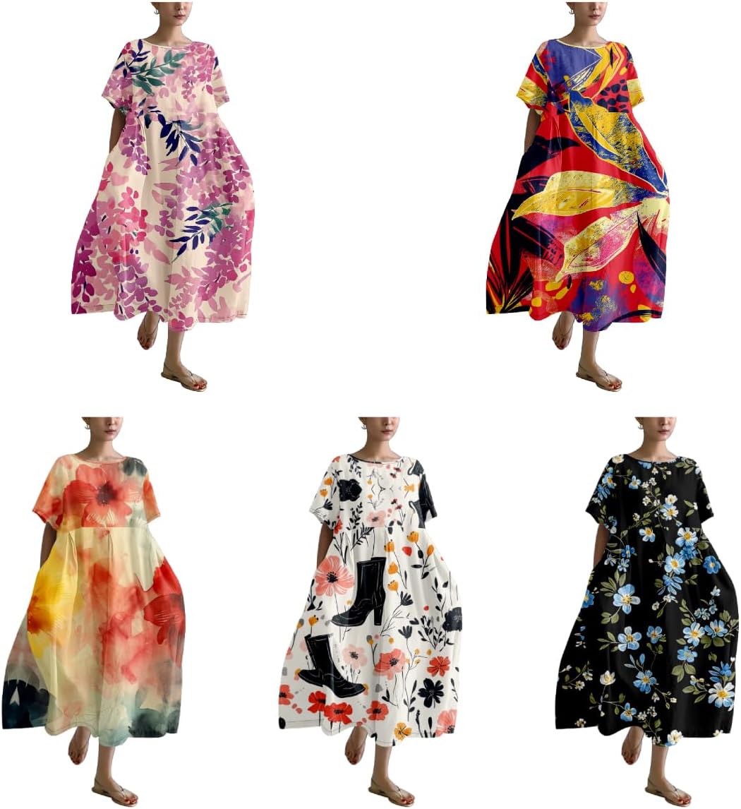 Plus Size Boho Summer Dresses Trendy Japanese Art T Shirt Dress A-line Crew Neck Short Sleeve Summer Dresses - Image 4