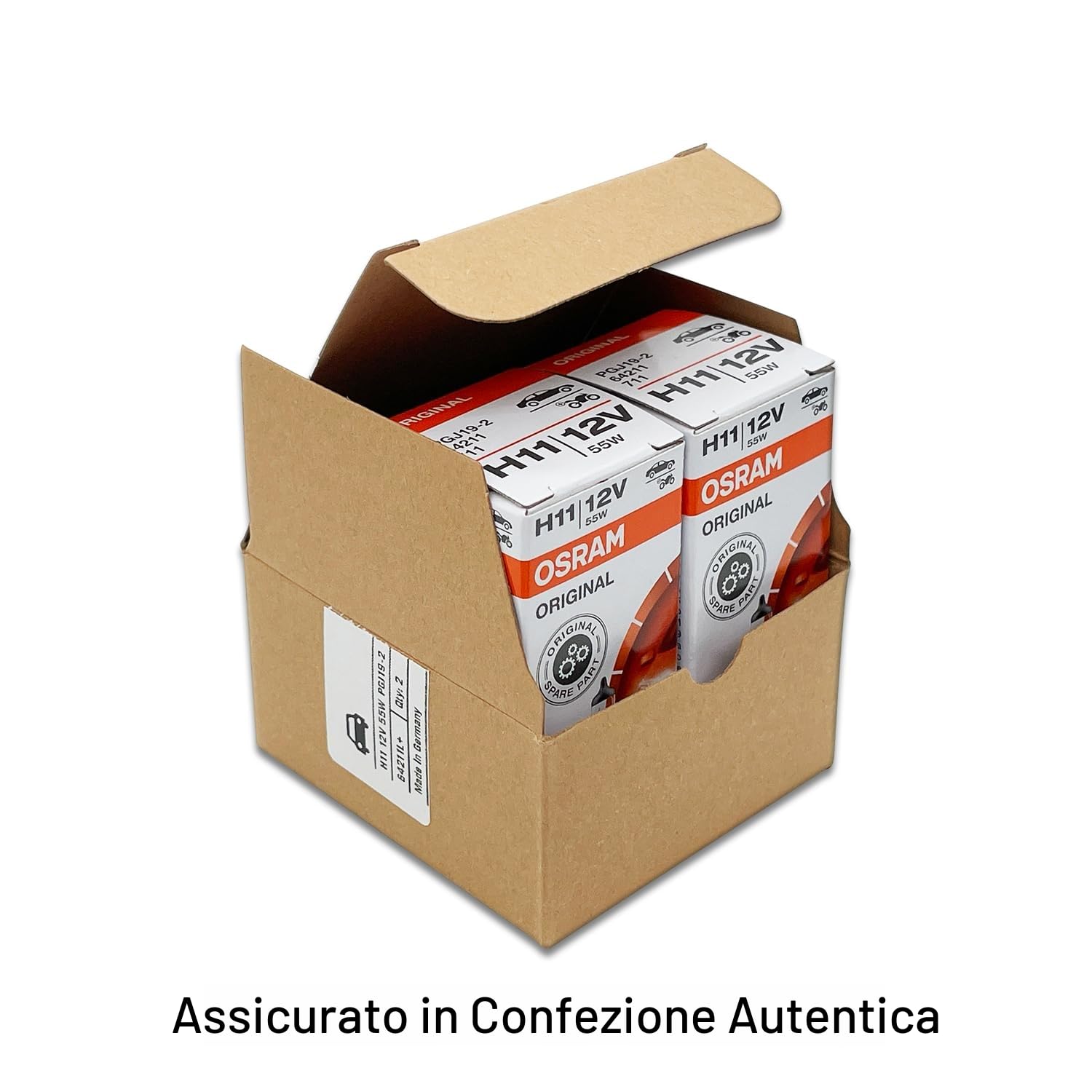 Osram H11 64211L+ DOT Lampadina alogena originale standard 12V 55W 3800K PGJ19-2, prodotta in Germania/Confezione da 2