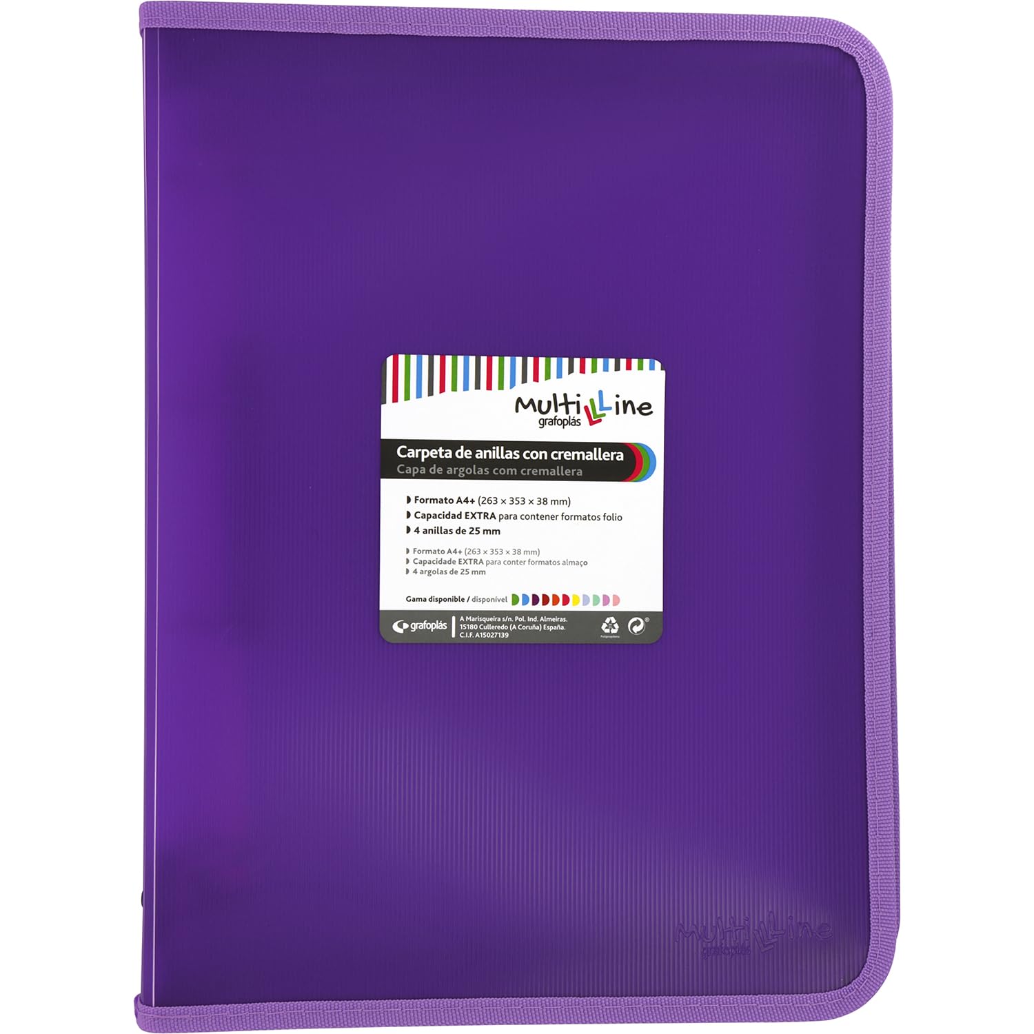 Grafoplás Ring Binder with Zip A4+, Violet, Multiline, 4 Mixed Rings 25 mm, Vertical Ruled Polypropylene Cover, Extra Capacity for Paper Sheets, Folio Format