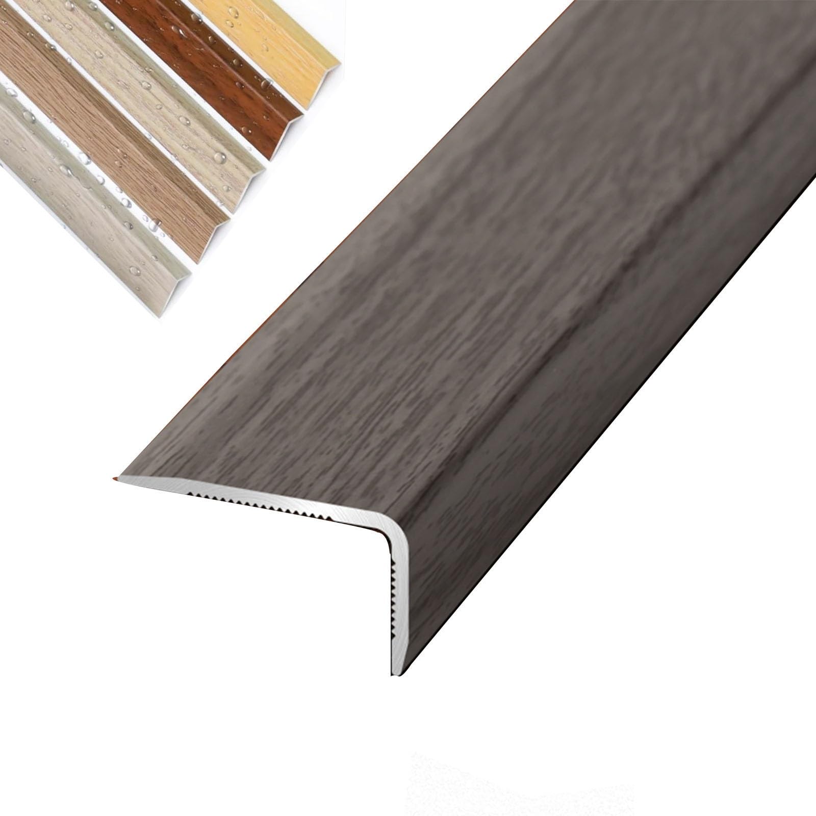 Floor Transition Strip Aluminum Stair Edge Nosing with Wood Grain，90cm L Shaped Doorway Trim, Grain Corner Wall Protector for Cabinet/Baseboard/Threshold(Gray Oak,W2CM)