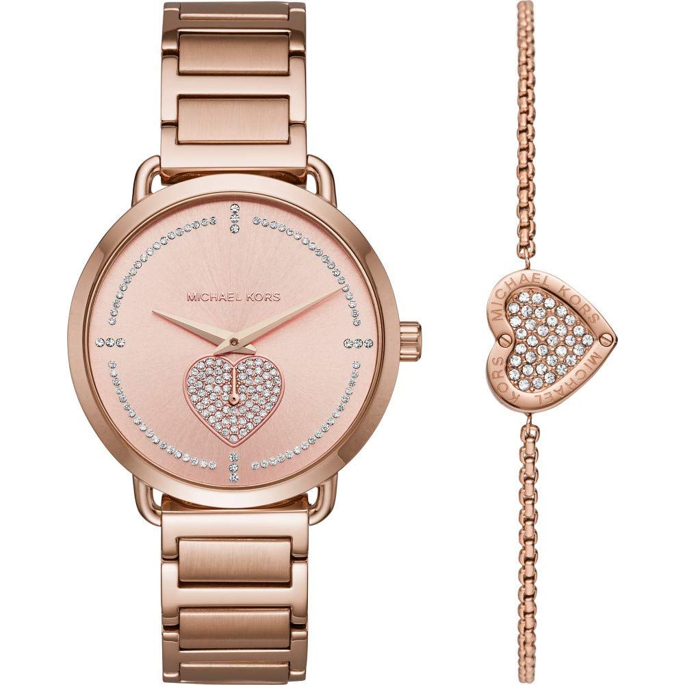 Michael Kors Orologio Portia da donna, Movimento al quarzo multifunzione con cinturino in acciaio inossidabile, 37 mm, Set oro rosa e glitter