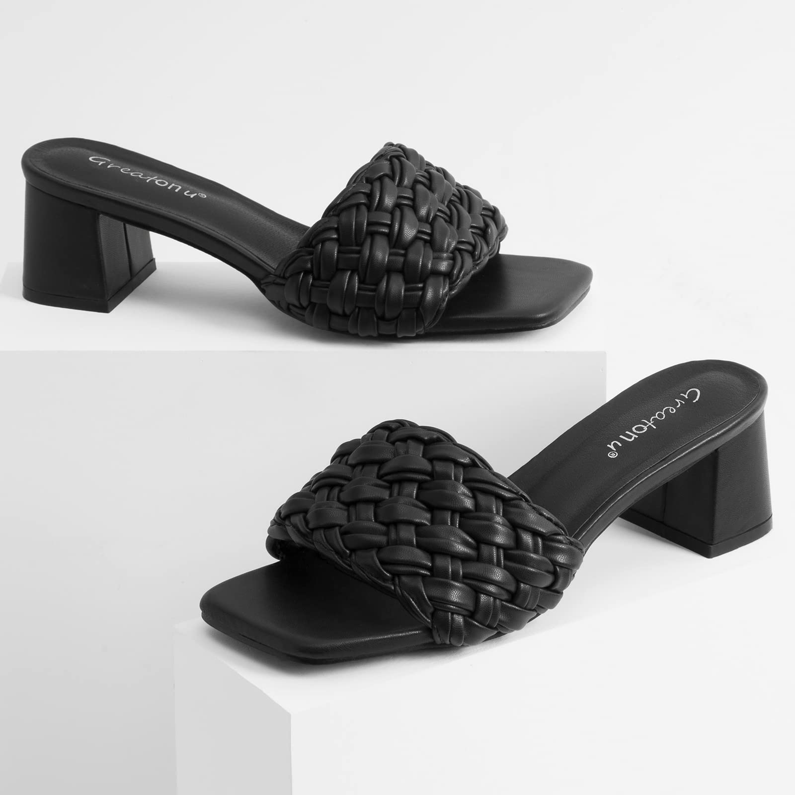 Greatonu Women's Braided Sandals with Block Heel Square Open Toe Mules Heels Summer Dressy Shoes for Women