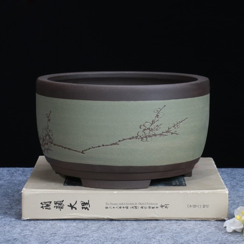 Ceramiczna doniczka bonsai w kształcie bębna z drenażem, orientalna, ręcznie malowana doniczka z motywem kwiatu śliwy, szeroka, okrągła, gliniana doniczka na sukulenty i rośliny do,Green-14cm*17cm