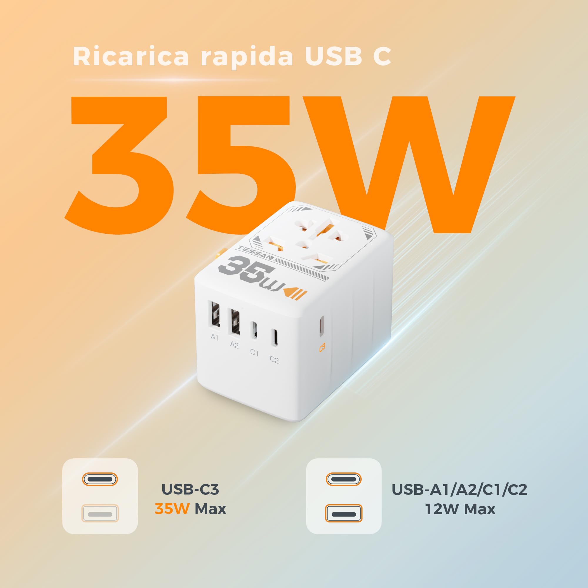TESSAN 35W Adattatore Universale da Viaggio, Caricatore 35W, Presa Universale da Viaggio con 2 USB A e 3 USB C, Adattatore Presa Internazionale per UK, USA, Australia, Tailandia, Giappone