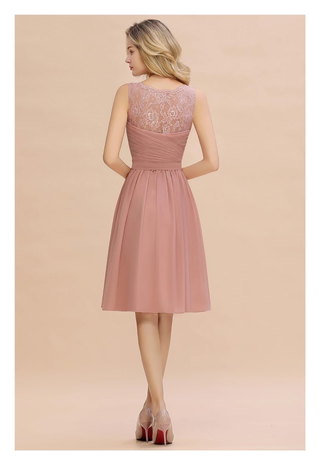 Klassisches Dusty Rose Chiffon A-Linie Brautjungfernkleid for Hochzeitsfeier V-Ausschnitt Ärmellos Spitze Kurzes Abschlussballkleid(Dusty Blue,14)