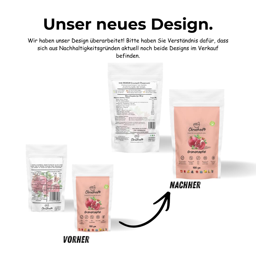 Ckrushed Granatapfel Pulver 100g – Gefriergetrocknetes Granatapfelpulver – Natürlich reich an Polyphenolen & Vitamin C – Für Smoothies, Bowls, Gesicht & Haarpflege – Ohne Zusätze – Vegan