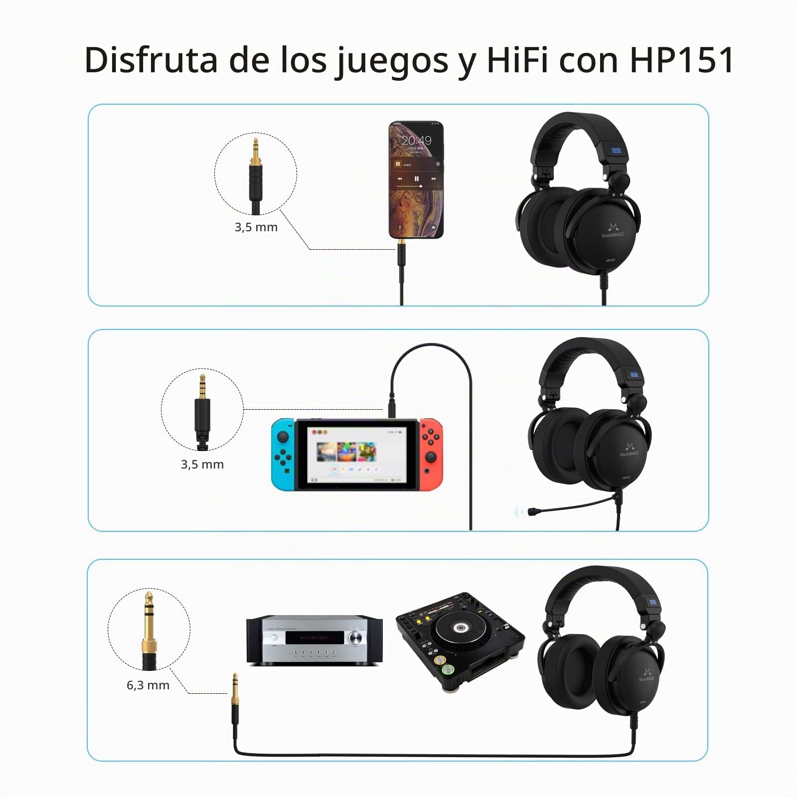 SoundMAGIC HP151 Cascos Over-Ear Cableados, HiFi, Cable Removible, Negro | Baja impedencia, fácil de manejar, tuning audiófilo, comfort over-ear acolchado, compatible con reproductores HiFi y Android