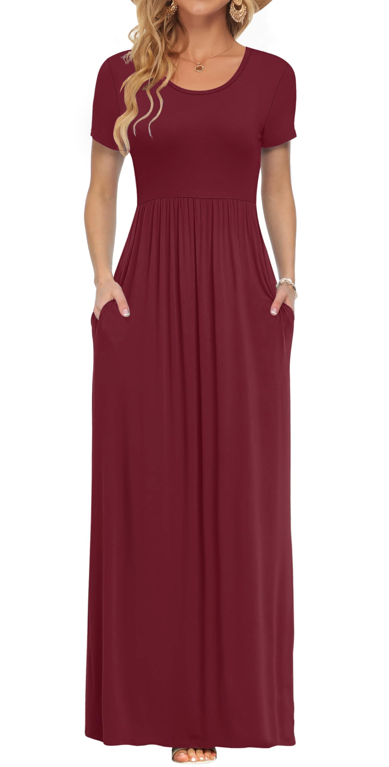 AUSELILY Women's Summer Short Sleeve Loose Plain Casual Long Maxi Dresses | Year Round wear solid floral print, Casual wear, Empire waist, Floor length, Side pockets
