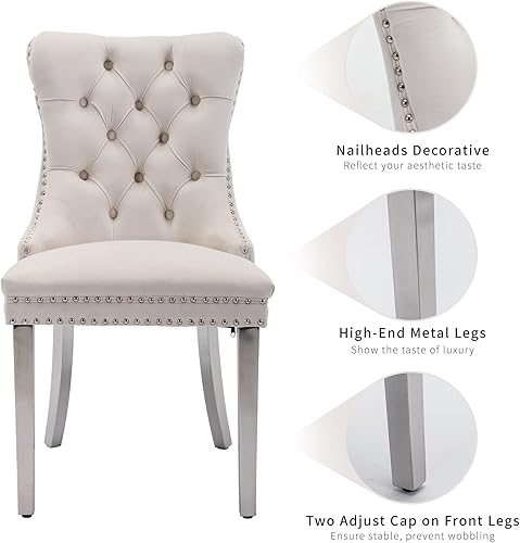 Miniatura 6 de Juego de 2 sillas de comedor tapizadas de lujo, sillas de cocina beige con patas de metal plateado, silla de comedor con respaldo copetudo de