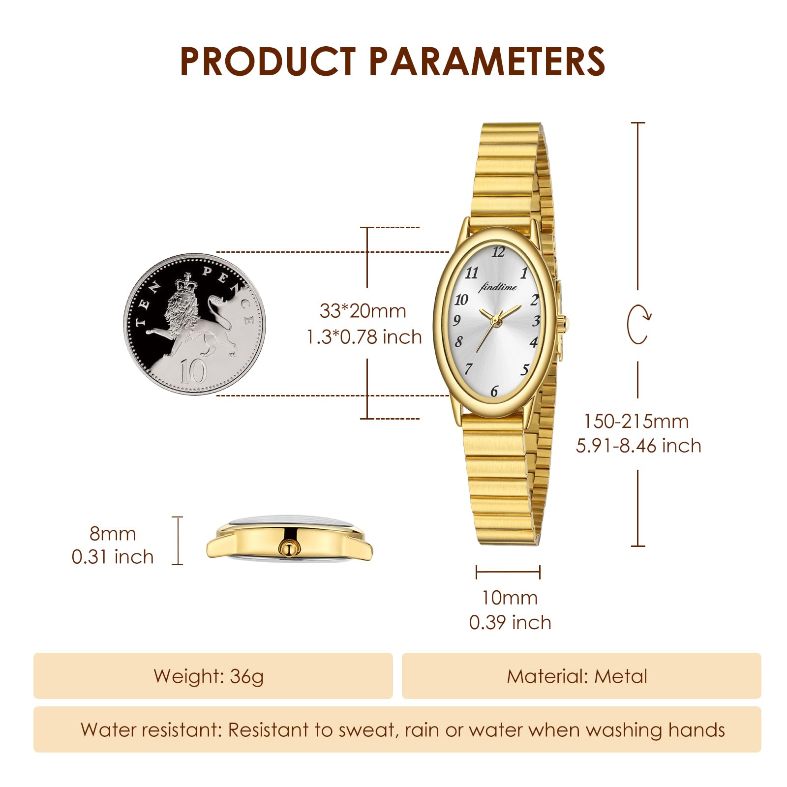 findtime Relojes de mujer de oro del Reino Unido para mujer, relojes diarios impermeables para mujer, reloj de mujer con correa de reloj ajustable