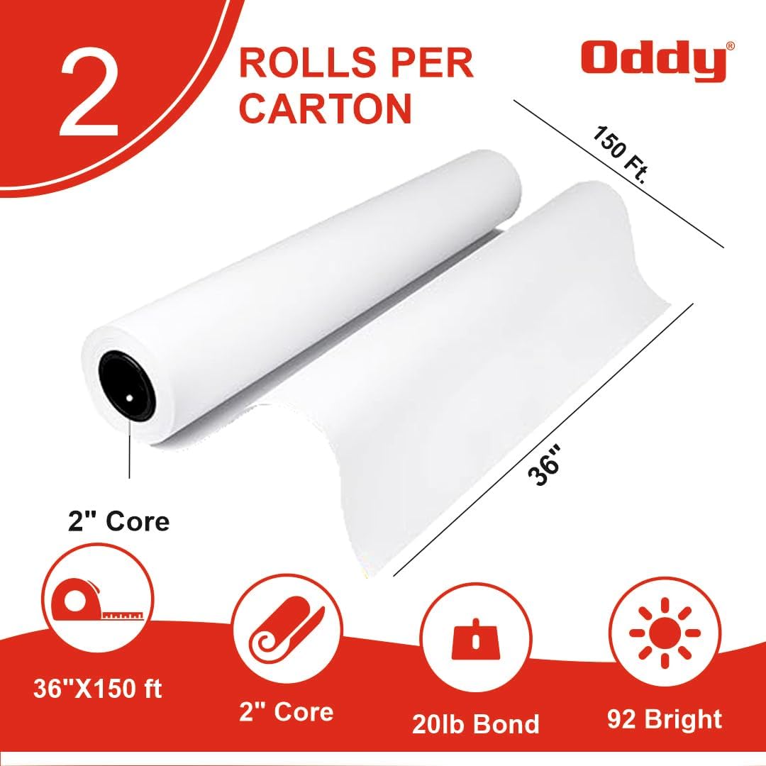 Oddy Wide Format Plotter Paper - 2 Rolls, 36” x 150 Ft, 20 lb Bond Paper (80 GSM with 2” Core), 96 Bright White, CAD Bond Paper for Inkjet Printers, Engineering, Architecture, and Blueprinting