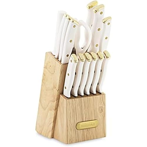 FARBERWARE 15-Piece Knife Block Set, Triple-Riveted High-Carbon Stainless Steel Kitchen Knives, Razor Sharp Blades, Wood Storage Block, White/gold