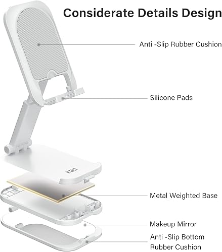 Miniatura 6 de Soporte plegable para teléfono celular para escritorio, con espejo de maquillaje 2 en 1, soporte de teléfono ajustable de altura para teléfono