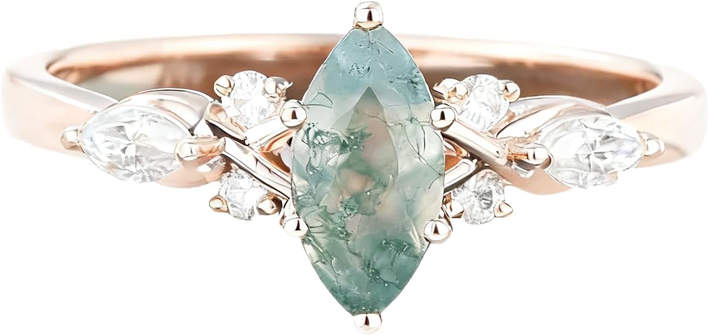 Natural Moss Agate Engagement Rings for Women, 925 Sterling Silver Pear/Heart/Oval Cut Moss Agate Moissanite Promise Wedding Ring for Her Free Engraved