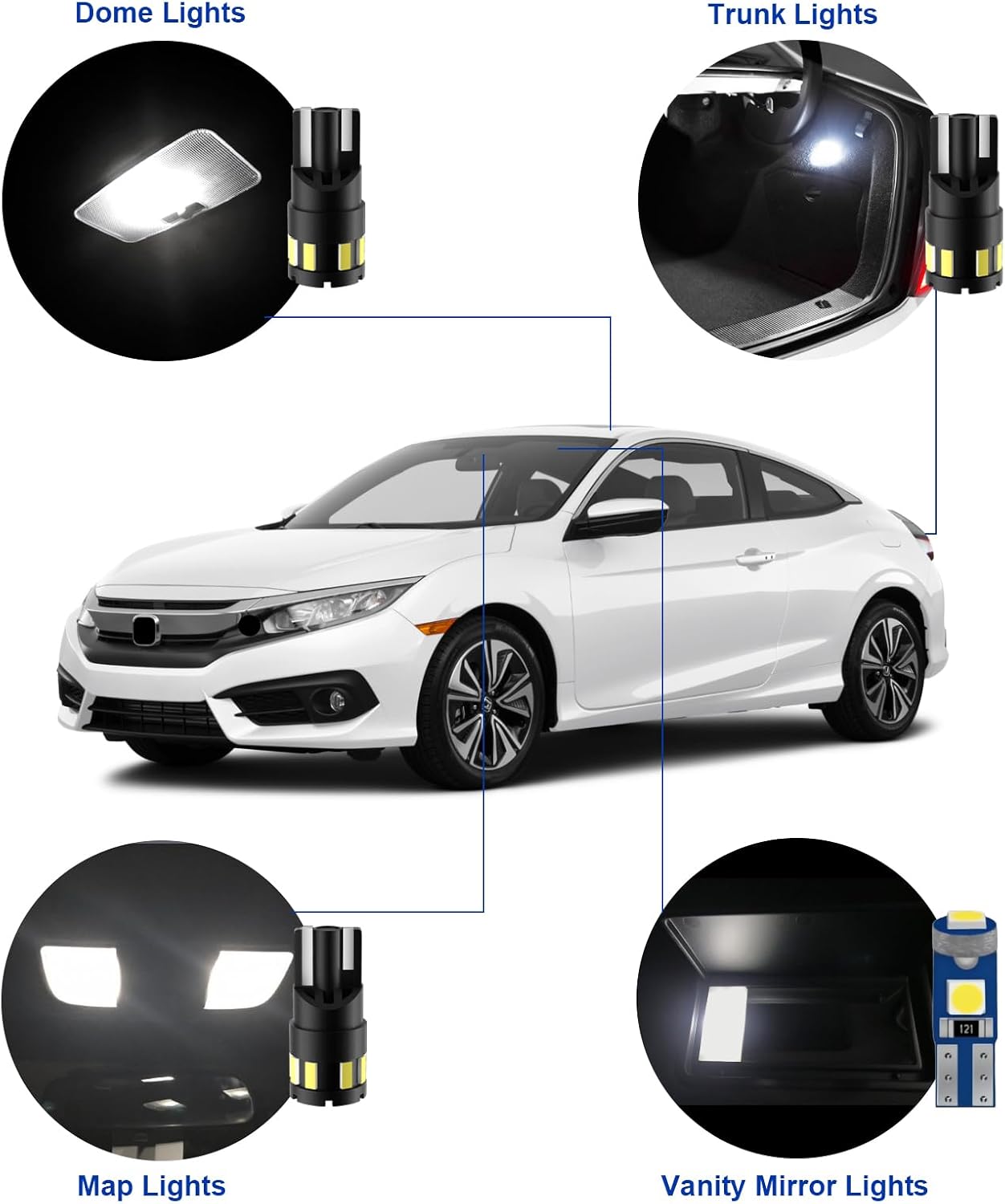 EASY EAGLE LED Interior Car Lights for Honda-Civic-2016-2021: 6 Piece Kit White LED Light Bulbs - Super Bright 6000K + Install Tool