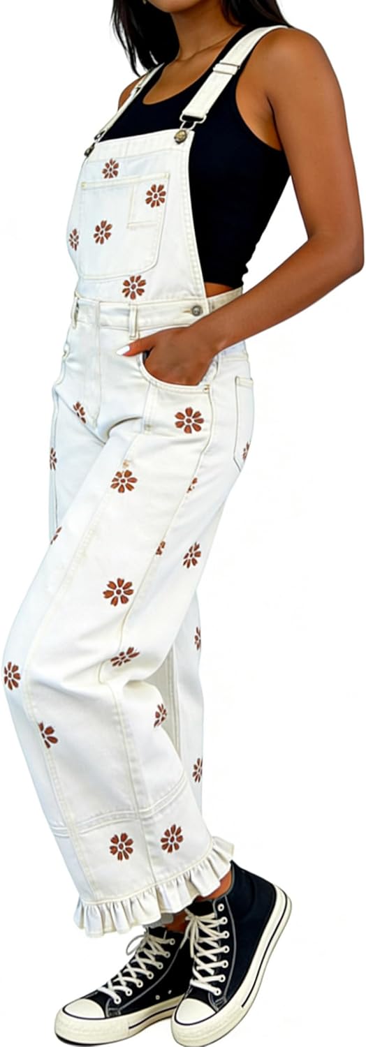 utcoco Womens Floral Print Denim Overalls Y2k Baggy Patchwork Boyfriend Barrel Jeans Wide Leg Denim Jumpsuit