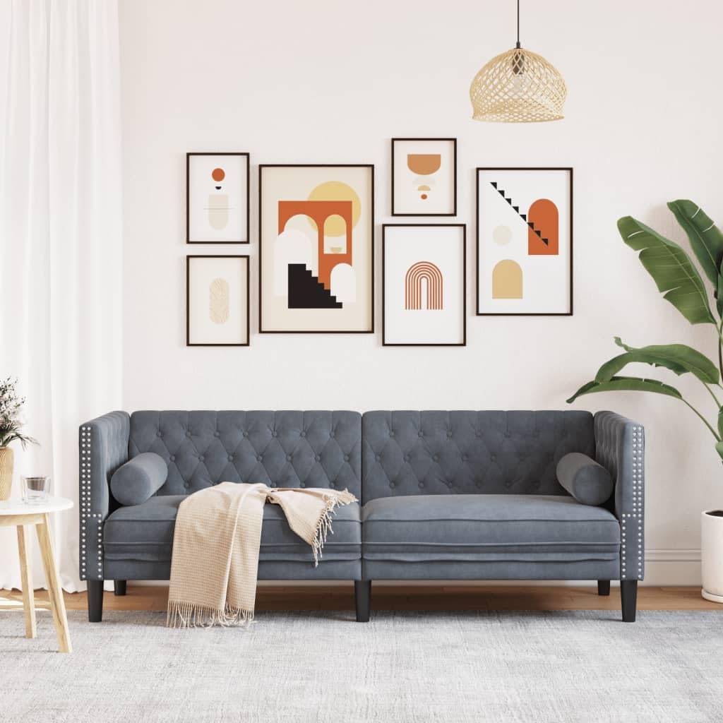 Chesterfield, divano in velluto a 3 posti, grigio scuro, 194 x 74,5 x 70,5 cm, con cuscino cervicale e chiusura a bottoni, comodo rinnovamento per soggiorno, camera da letto, ufficio