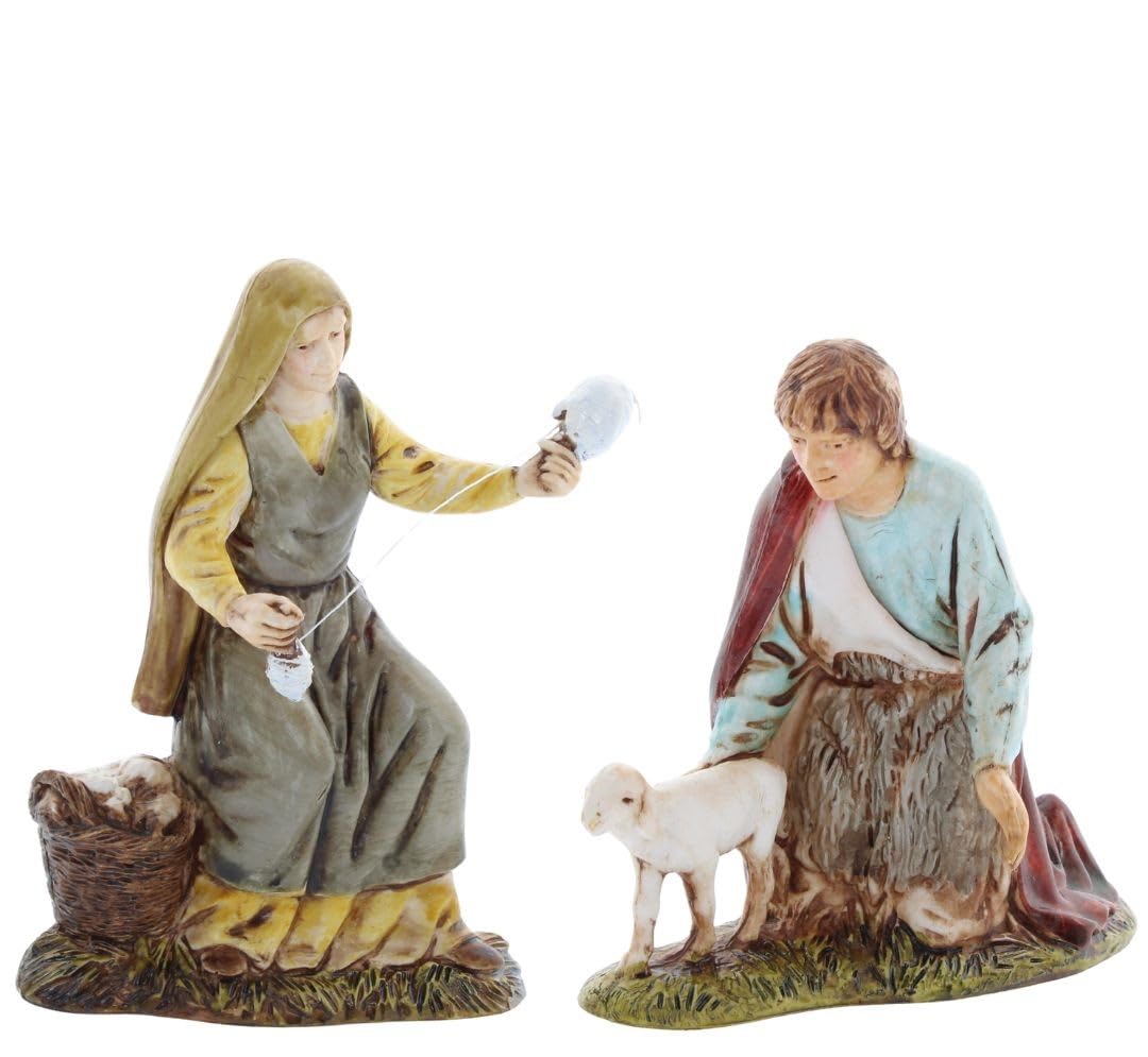 Moranduzzo Spinner And Kneeling Shepherd For Nativity Scene Of 4 Inch Scale 1:20-Unbreakable Figures-18Th Century Style, Hand-Finished Painting, Official Product, Made In Italy, Sculptor M. Landi