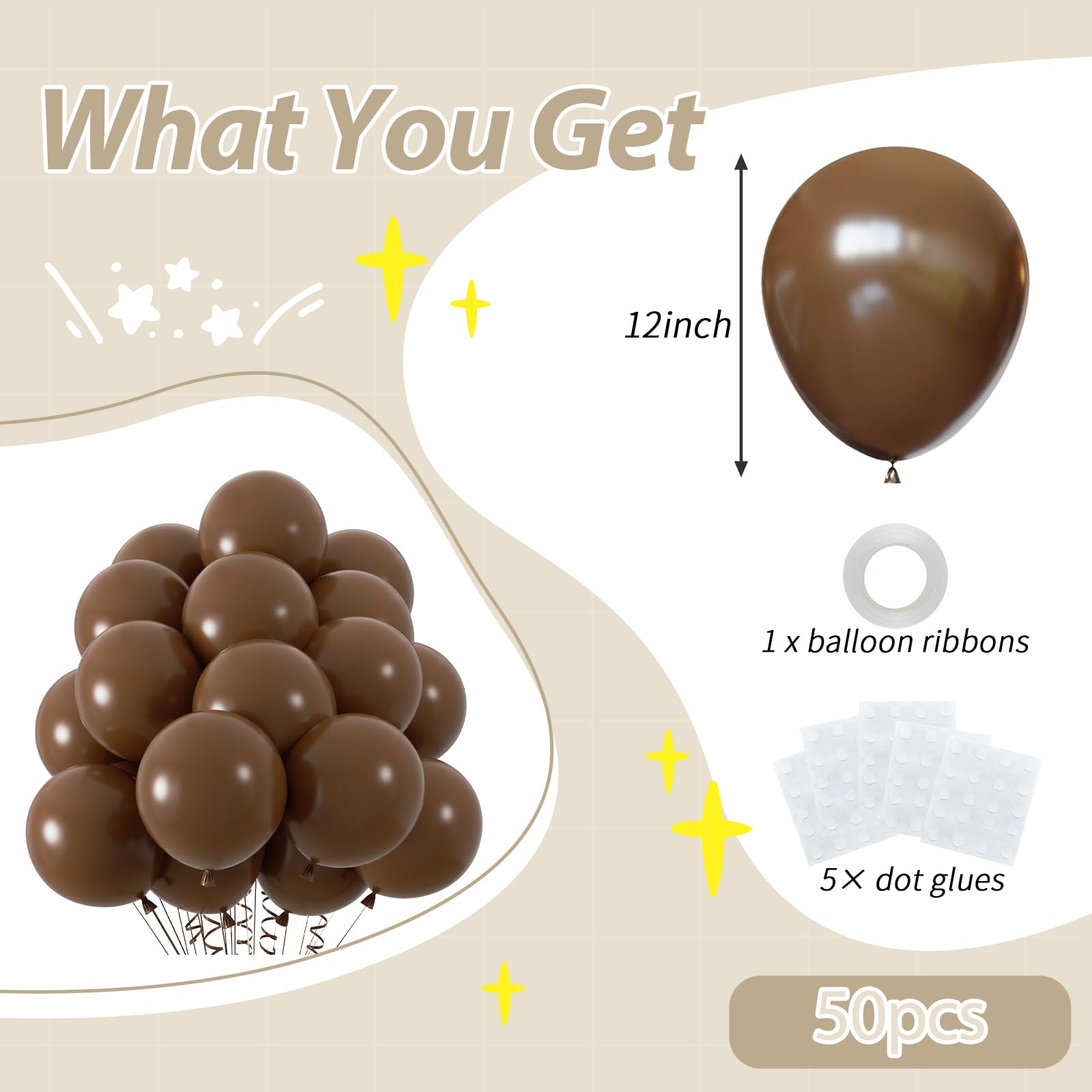 50pcs Brown Balloons, 12inch Dark Brown Latex Neutral Balloons for Birthday Party BOHO Wedding Bear Baby Shower Decoration (With Ribbon & Glue)