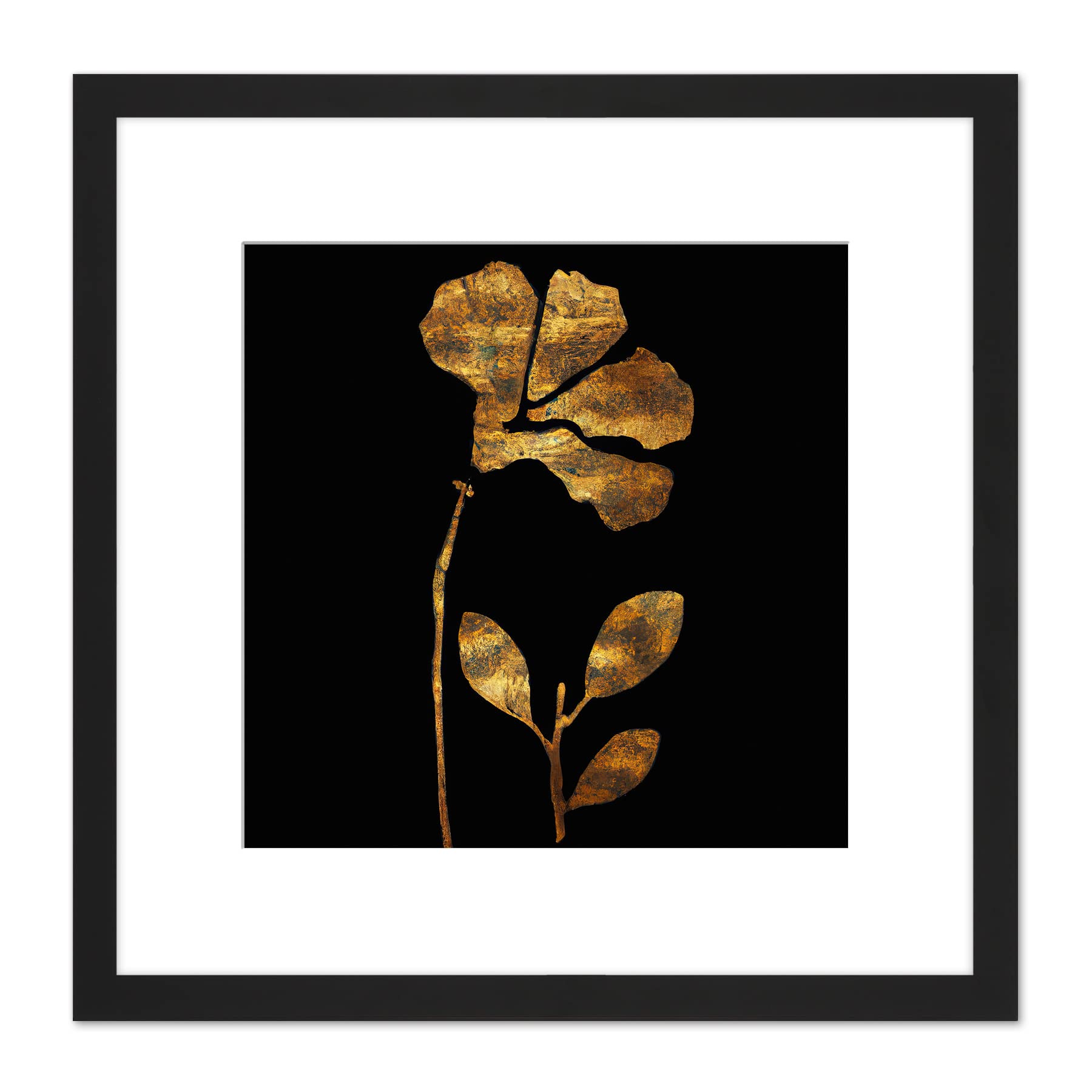 Artery8 Metallic Foil Effect Style Copper Gold Flowers Botanical Black Painting Square Wooden Framed Wall Art Print Picture 8X8 Inch