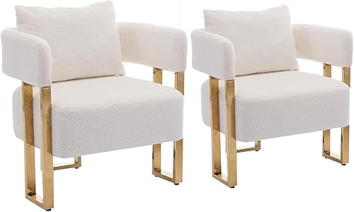 YISHENG Juego de 2 sillas decorativas modernas de barril, sillas laterales para sala de estar con patas de metal doradas, sillones de lectura