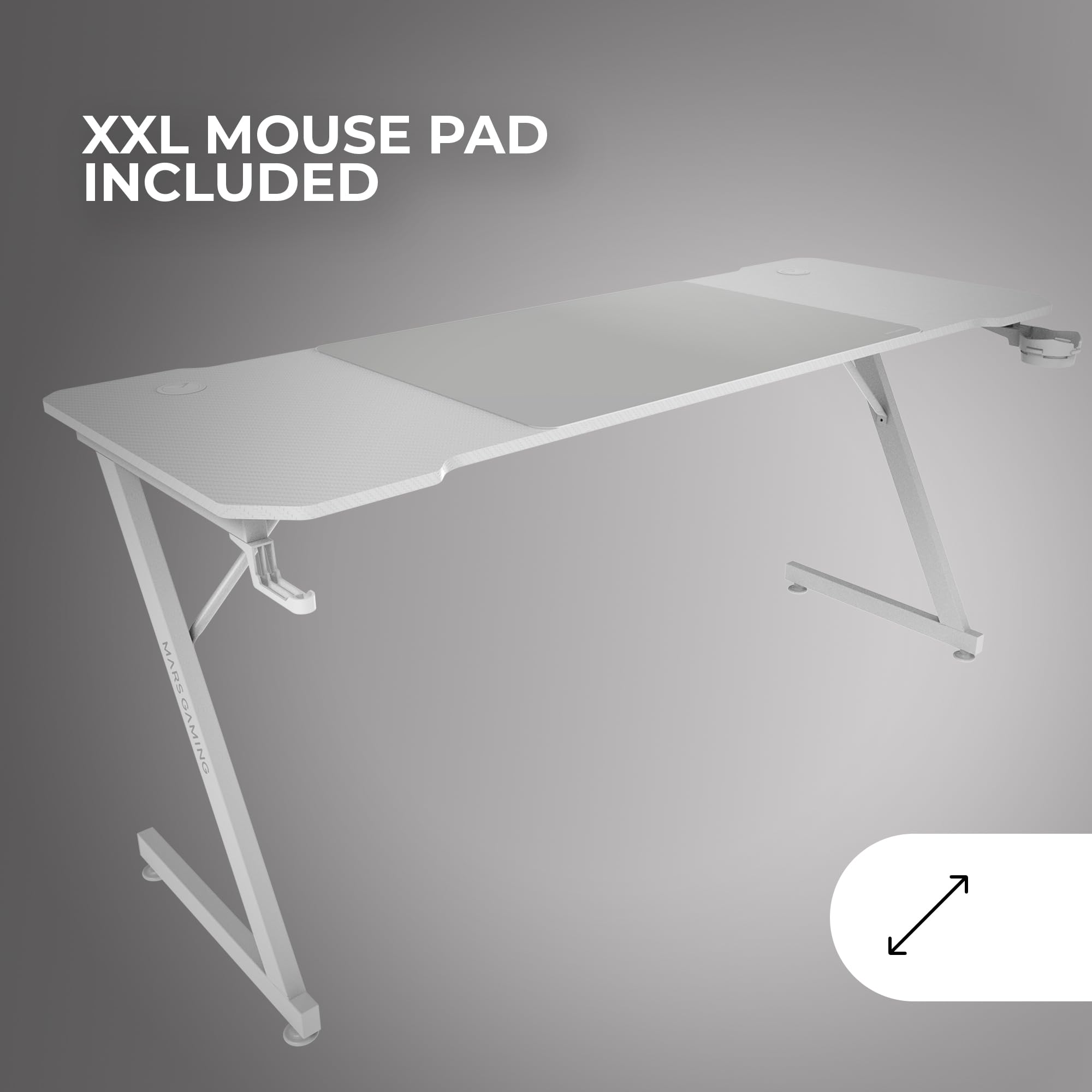 Mars Gaming MGD-X160, Bureau Gaming Ergonomique, Surface en Fibre de Carbone, Structure Métallique, Tapis de Souris XXL, Supports Casque et Boissons, Gestion des Câbles, Bureau Gaming 160x60cm, Blanc