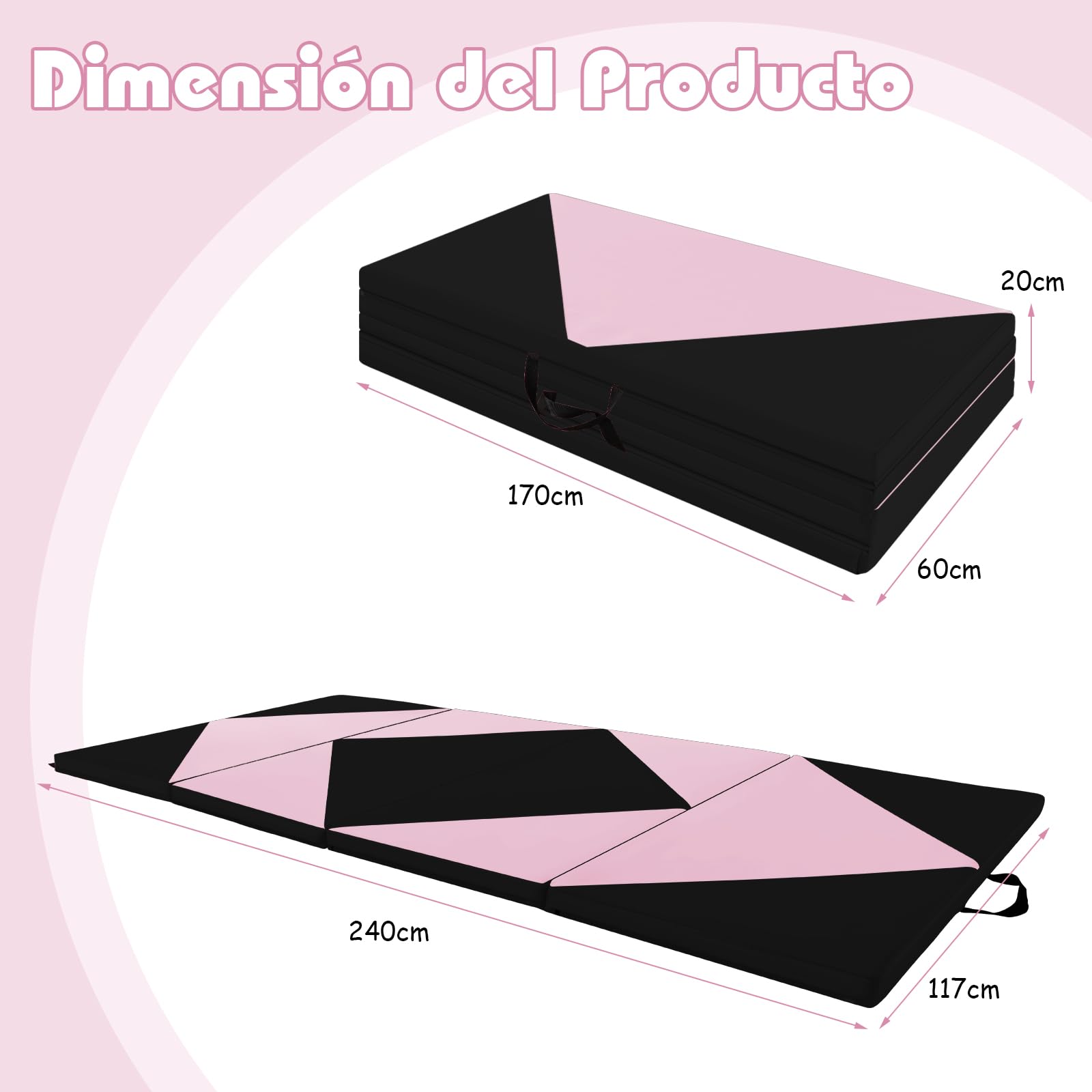 GOPLUS Colchoneta de Gimnasia Plegable, 240x117x5cm, Esterilla de Entrenamiento de Cuero Artificial con Asas de Transporte, Alfombra de Suelo para Fitness Yoga (Rosa + Negro)