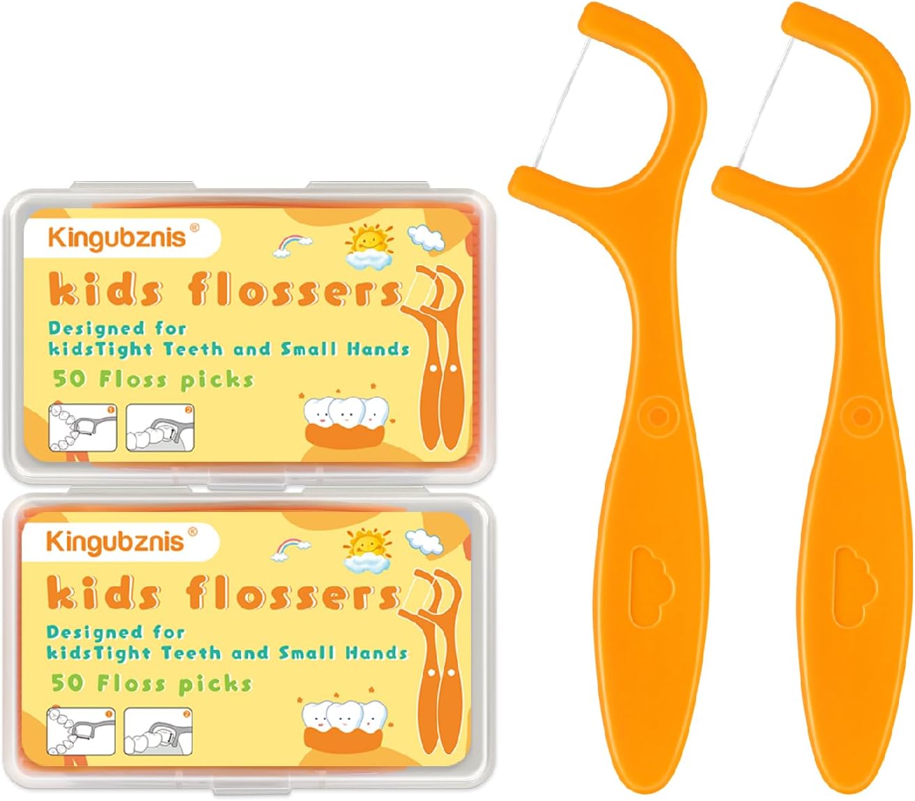 Kids Flossers-200 Count Kids Floss Picks-Includes 4 Portable Travel Cases-No Shred Thread and Unflavored (Orange)