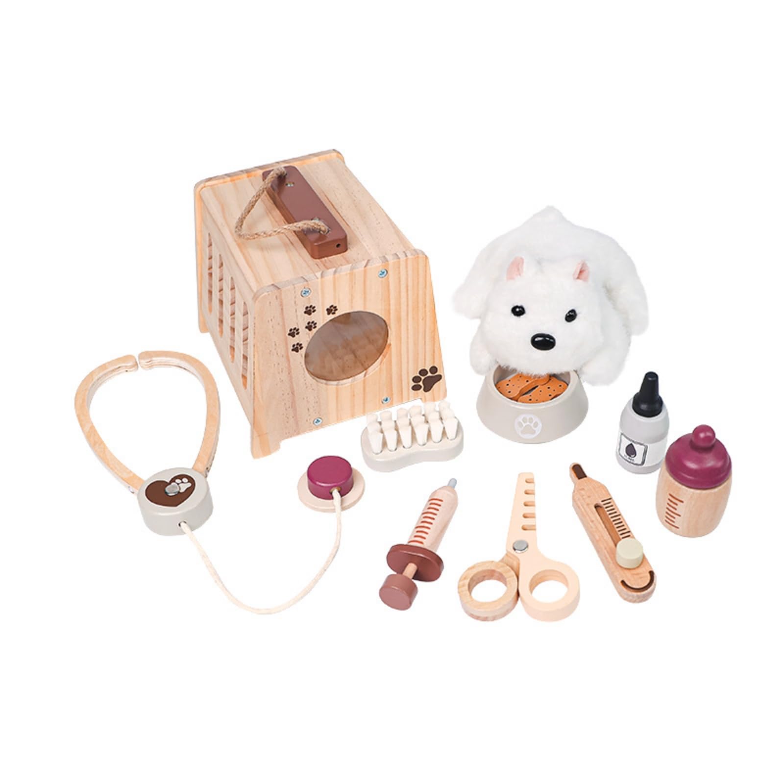 Amagogo Gioco Veterinario Bambini Kit Dottore Animali Valigetta Legno Portatile Pupazzo Peluche Accessori Medici Ciotola Spazzola Narrazione Creativa Adatto