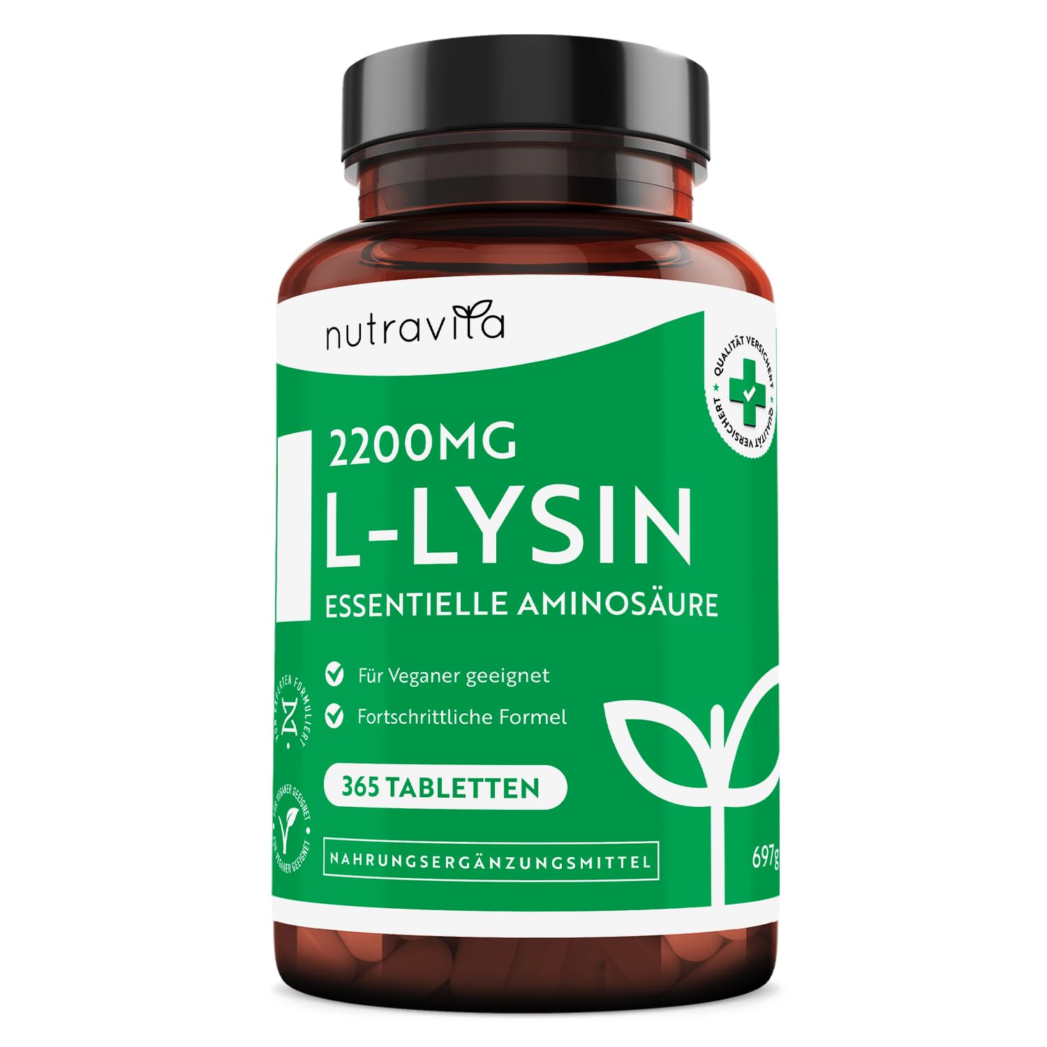 L-Lysin Tabletten Hochdosiert mit 2200 mg pro Tagesdosis - 365 Tabletten (6 Monate) - Essentielle Aminosäure - Aus pflanzlicher Fermentation - Laborgeprüft - für Vegetarier geeignet - Nutravita