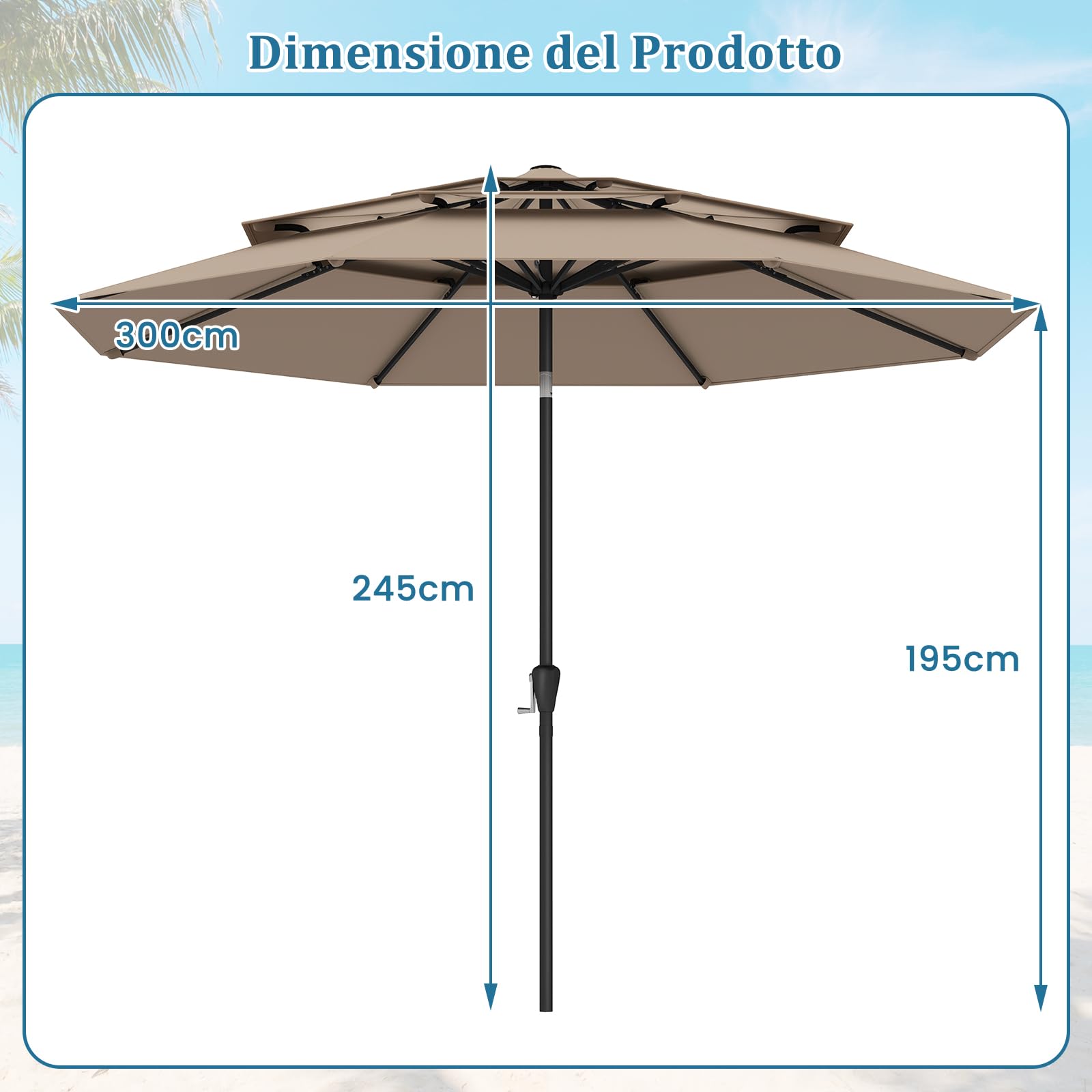 COSTWAY Ombrellone Giardino 300 cm, Ombrellone 3 Livelli con Ventilazione, Inclinazione Regolabile, Manovella, 8 Costole, per Giardino Spiaggia Piscina (Marrone)