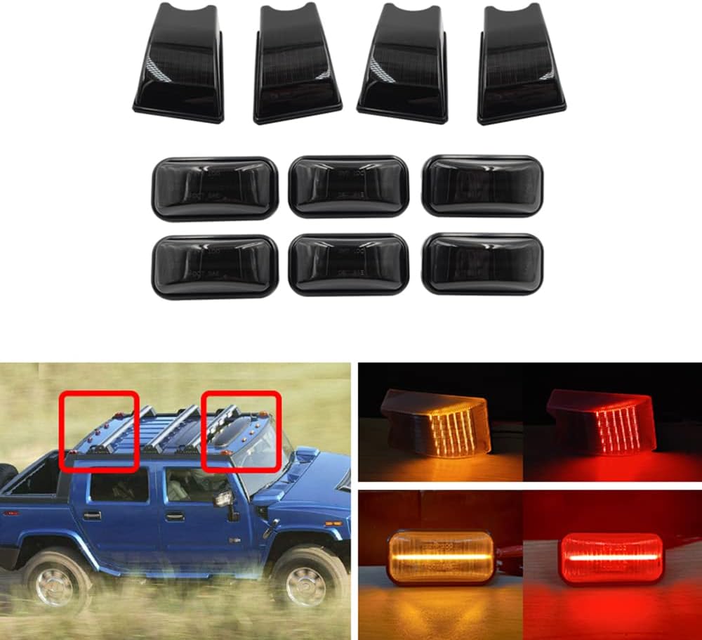 Smoke Lens LED Cab Roof Top Marker Running Lights, Red Amber Clearance Light Front Side Rear Marker Indicator Light Surface Mounted, Compatible with Hummer 2003-2009 H2
