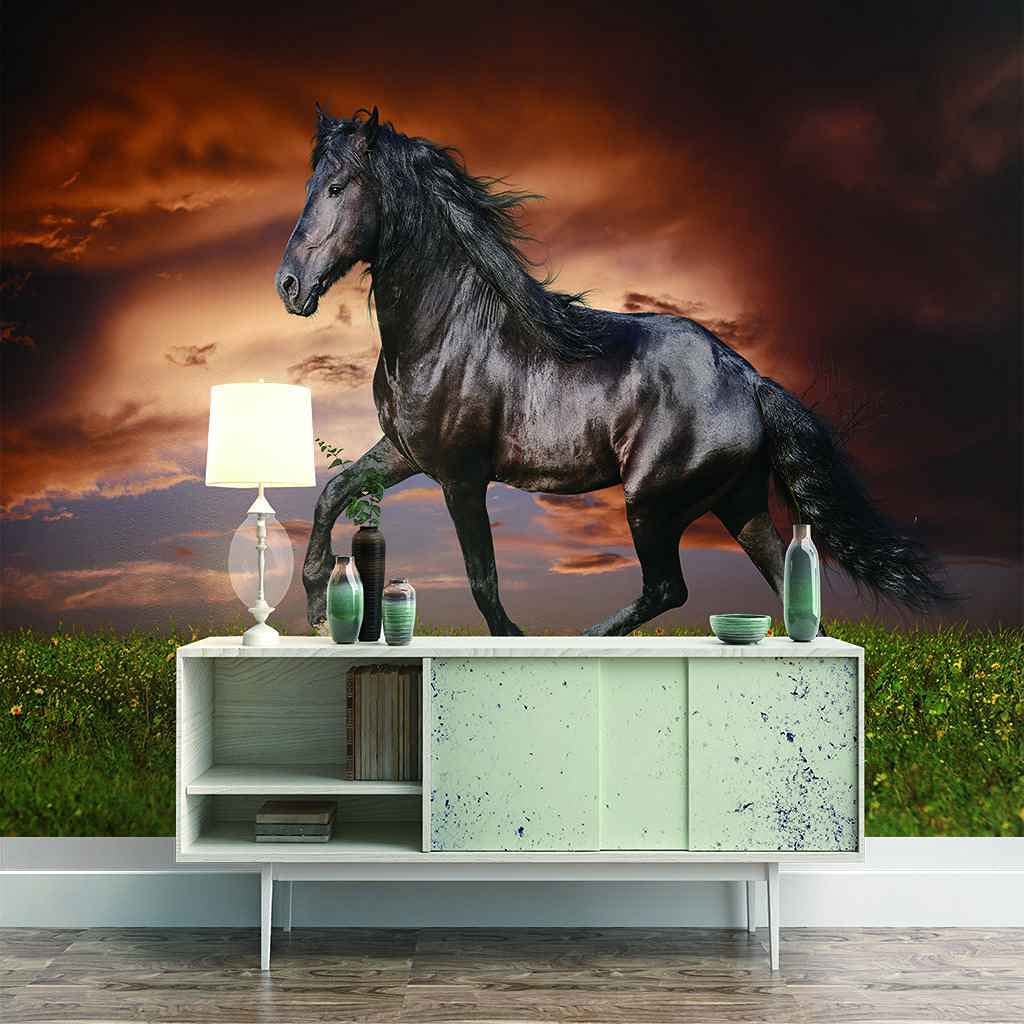 Papier Peint Cheval Noir 200x140 cm | Affiche Murale Géante 3D
