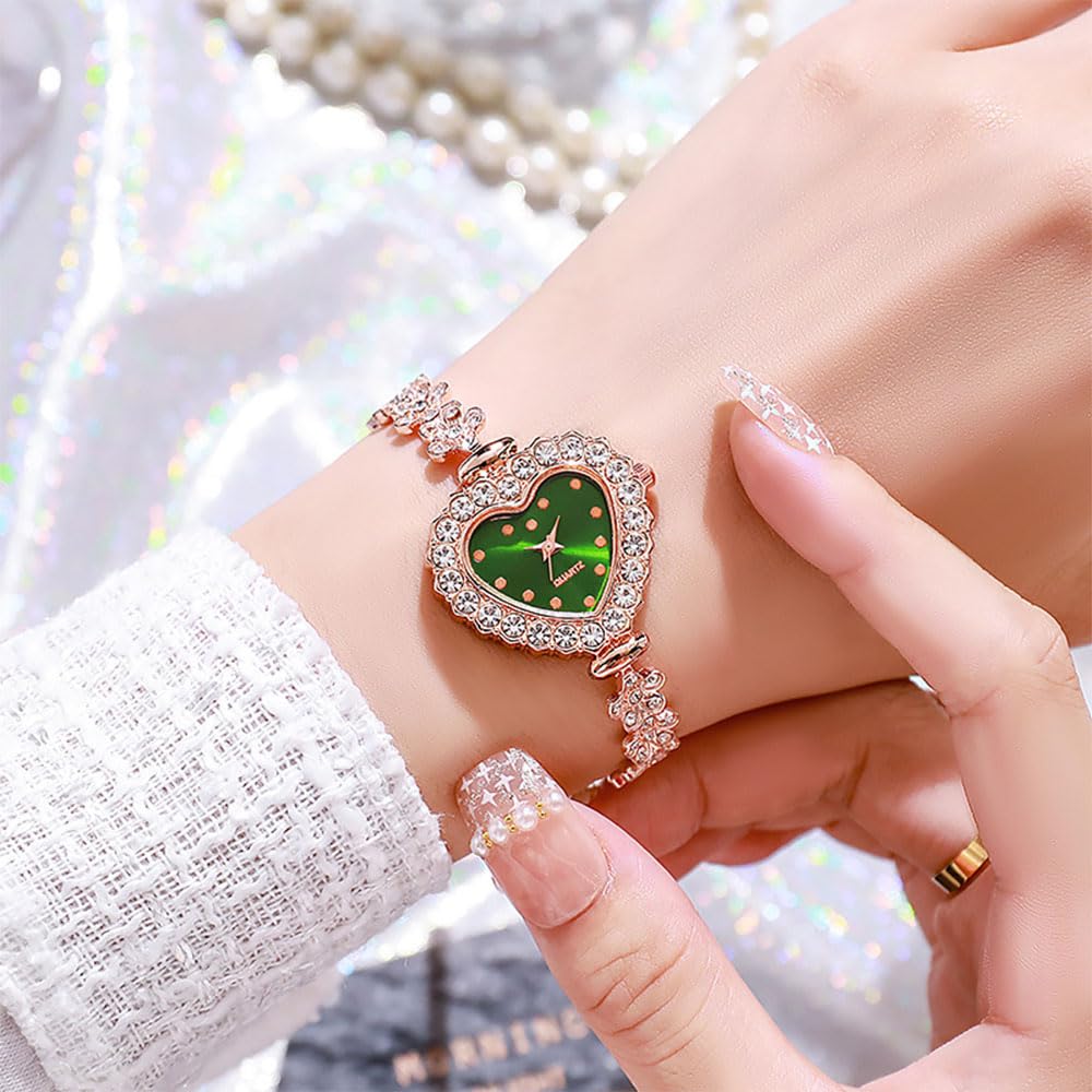 5 Stück verstellbare Armbanduhr für Damen Strass Quarzuhr Diamantbesetzte Uhr Casual Mode Herzform rundes Zifferblatt Analog Quarz Armbanduhren