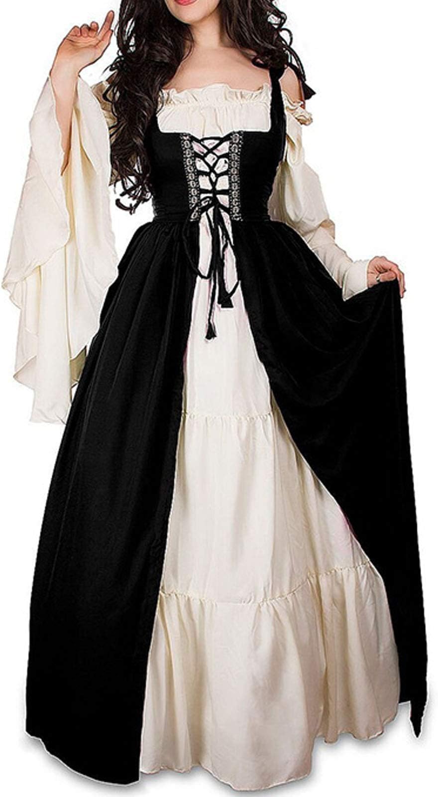 WENROU Womens Renaissance Medieval Irish Costume Over Dress and Cream Chemise Set (5XL, Black)
